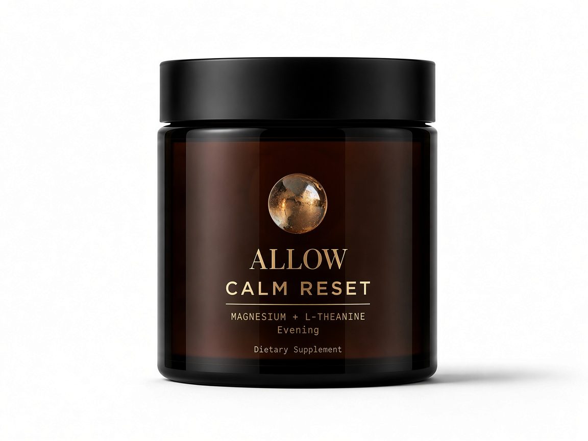 Amber glass jar of Calm Reset by Allow with a black lid, a gold-leaf glass orb and serif ALLOW wordmark; magnesium + L-theanine evening dietary supplement